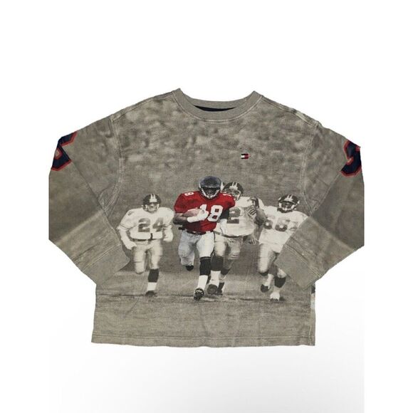 VTG Tommy Hilfiger Crewneck XL Youth Sweatshirt All Over Football Print Y2K RARE - Picture 2 of 9